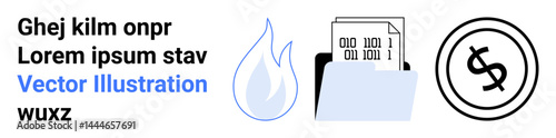 Binary code stored in an open folder, a blue flame indicating risk or destruction, and a dollar inside a circle symbolizing financial implications. Ideal for digital security, data loss, finance