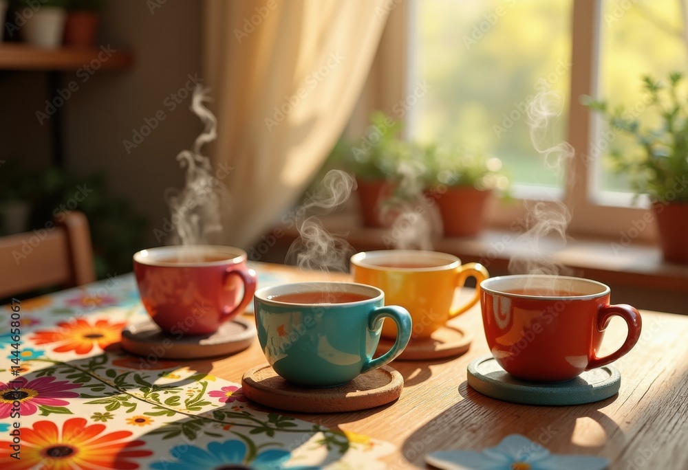 custom made wallpaper toronto digitalvibrant ceramic mugs bright teas colorful table setting warm atmosphere cozy drink experience, cup, beverage, home, liquid, steam, display, interior