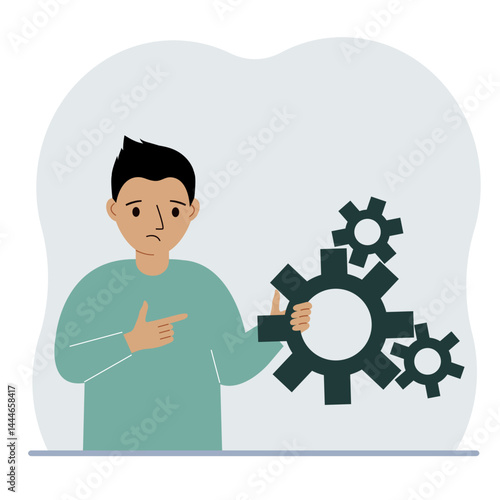A little boy holds gears in his hands. The concept of searching for an idea, reflection or learning process. Vector flat illustration