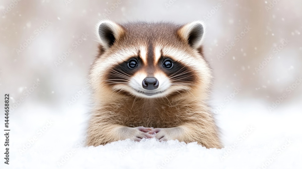 Obraz premium Cute raccoon in snowy winter scene
