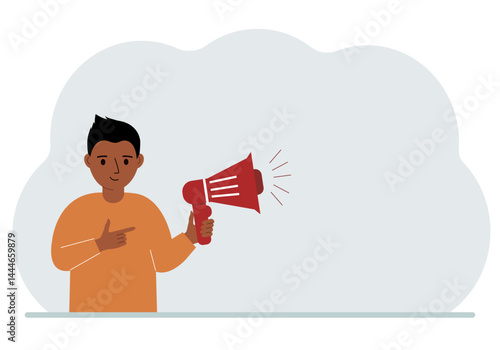A little boy is holding a megaphone in his hand. Vector flat illustration