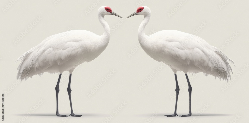 Obraz premium In a studio, two whooping cranes are positioned facing each other in front of a neutral background