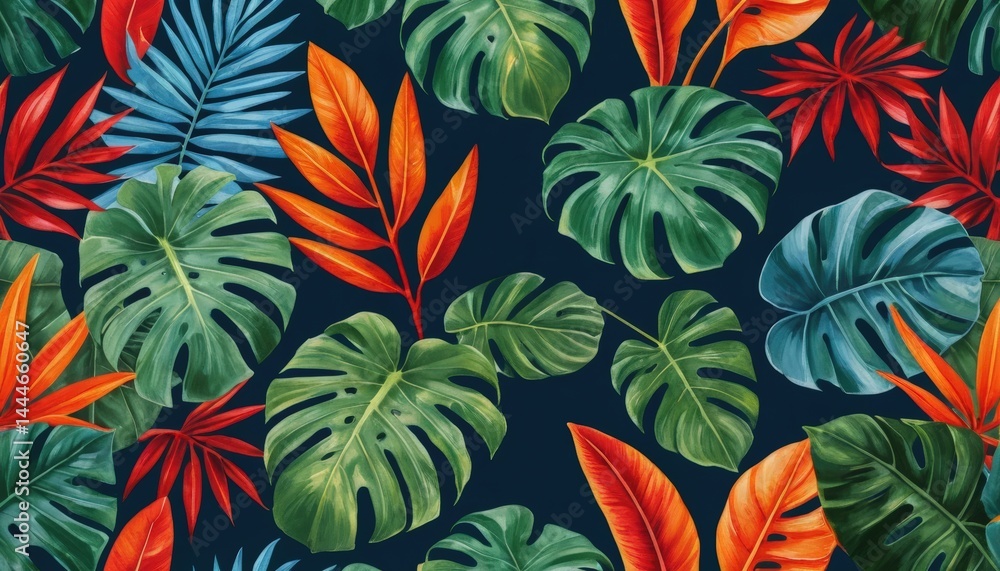 A vibrant seamless pattern featuring lush tropical leaves in various shades of green, showcasing intricate textures and shapes, perfect for summer designs. A vibrant seamless pattern featuring lush tropical leaves in various shades of green, showcasing intricate textures and shapes, perfect for summer designs.