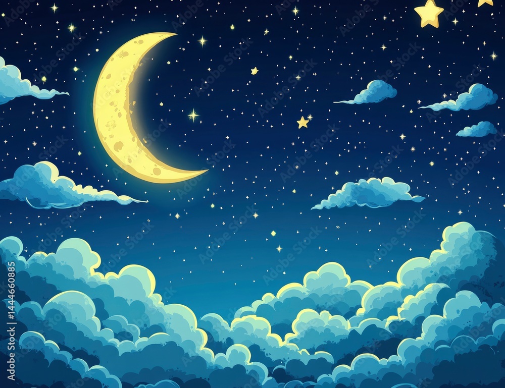 Cartoon Moon Over Clouds at Night Cartoon Moon Over Clouds at Night