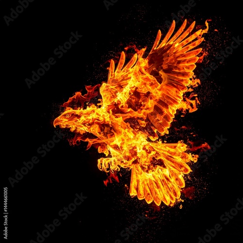 burning fiery bird flies on a black background.