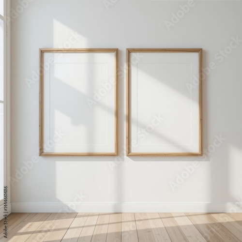 Two elegant  empty picture frames hang on a pristine white wall  casting soft shadows on the warm  polished wooden floor beneath them.