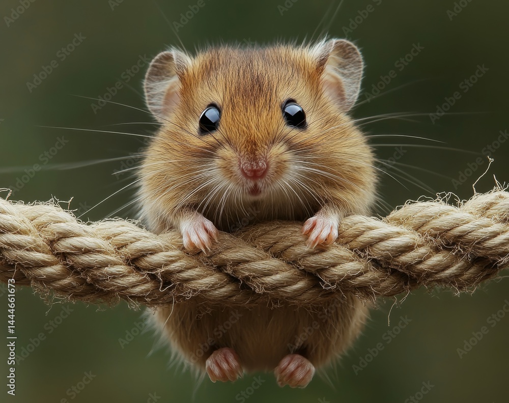 A tiny rodent possessing oversized eyes ascends a rope with texture set against a blurred backdrop of nature in the daytime A tiny rodent possessing oversized eyes ascends a rope with texture set against a blurred backdrop of nature in the daytime