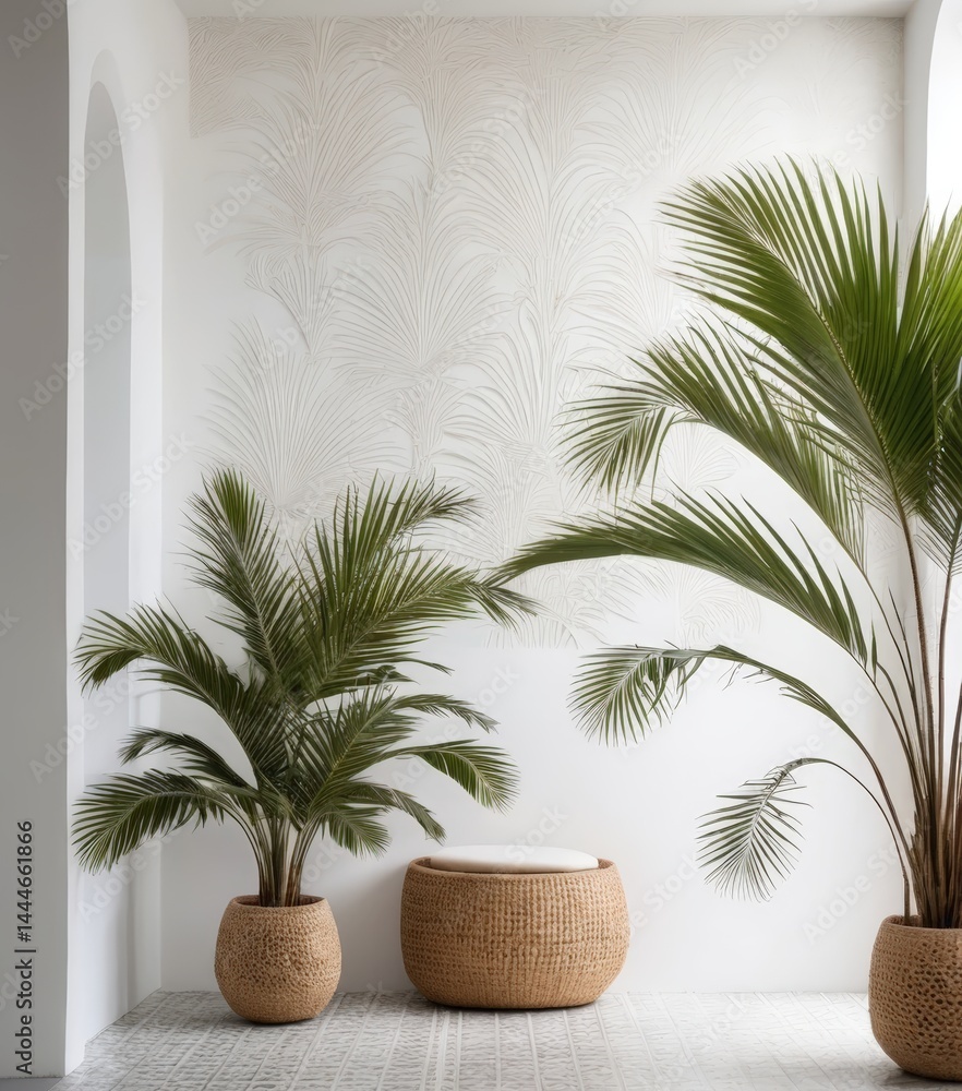 Fototapeta premium A bright, airy white room features two tall, lush palm trees, their vibrant green fronds contrasting beautifully with the minimalist decor.
