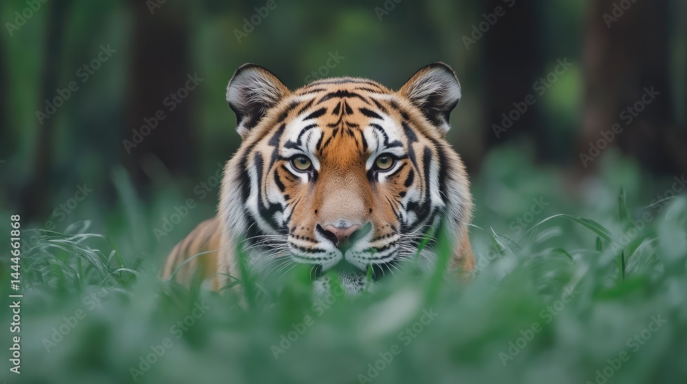 Obraz premium Majestic tiger in lush green grass
