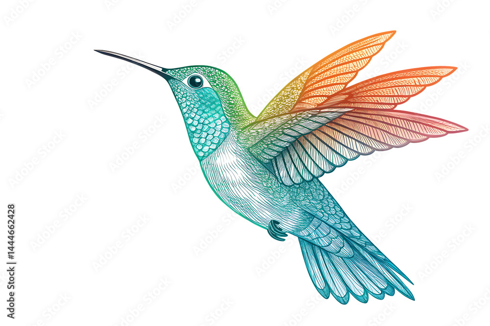 Fototapeta premium Vibrant Stylized Hummingbird in Mid-Flight – Modern Digital Art with Teal, Orange, and Green