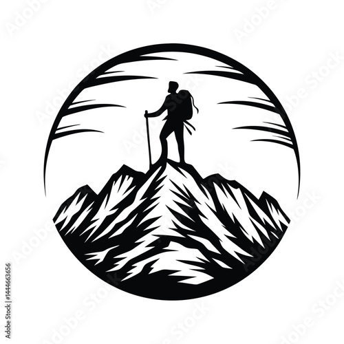 Mountain Peak with Hiker Silhouette in Circle, Black and White Landscape Design