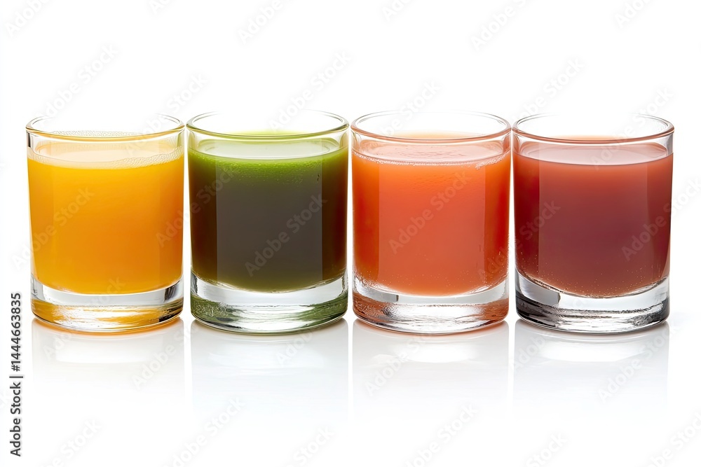 Four colorful juices in clear glasses, displayed against a white background Each juice has a unique color; orange, green, reddish-orange, and reddish-purple The juices appear healthy and vibrant Four colorful juices in clear glasses, displayed against a white background Each juice has a unique color; orange, green, reddish-orange, and reddish-purple The juices appear healthy and vibrant