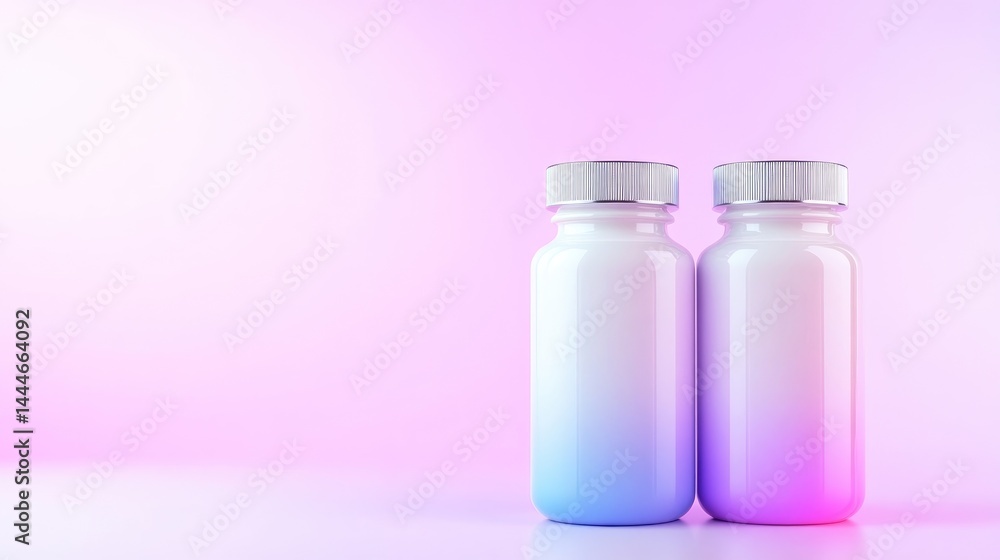 Two blank, vibrant ombre bottles, perfect for supplements or vitamins. They are modern and stylish with a sleek, contemporary design Two blank, vibrant ombre bottles, perfect for supplements or vitamins. They are modern and stylish with a sleek, contemporary design