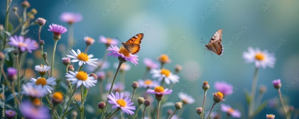 close up artistic macro of wild chamomile and purple flowers with butterflies in cool blue haze, wide nature landscape format. close up artistic macro of wild chamomile and purple flowers with butterflies in cool blue haze, wide nature landscape format.