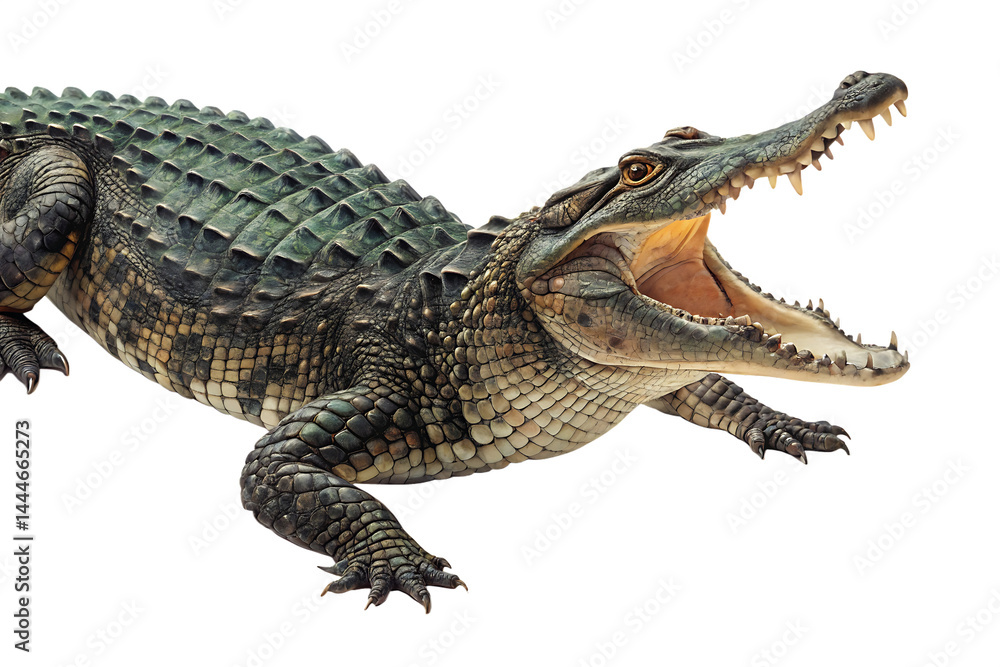 Naklejka premium Hyper-Realistic Crocodile Depiction – Detailed Teeth and Scales on White Background
