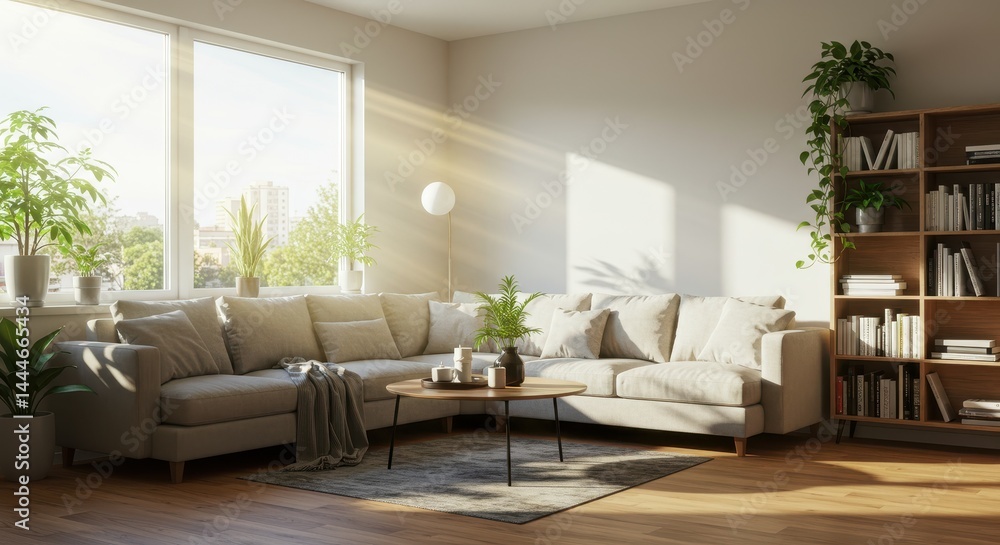 Fototapeta premium A sunlit living room featuring a large sectional sofa, round coffee table, and a full bookshelf decor