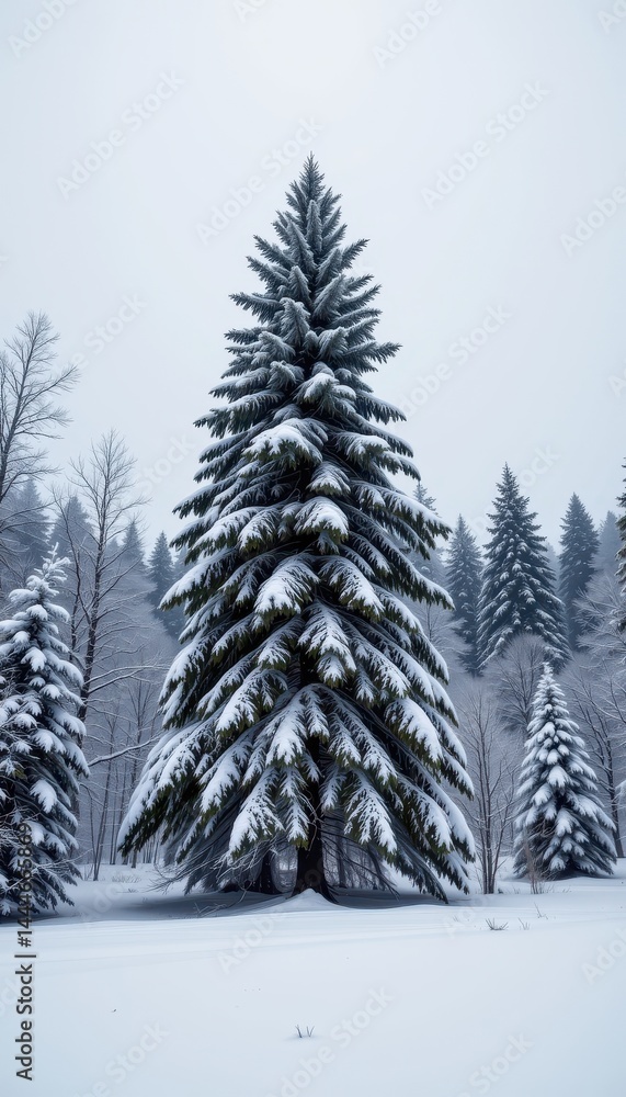 wide winter landscape with snow covered forest floor and snow laden fir trees under a snowy sky, copy space available.