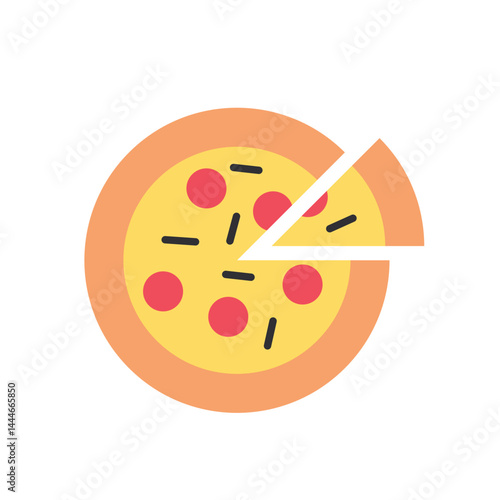 Pizza slice icon. Piece of pizza peperoni vector illustration. Pizzeria logo. Salami pizza symbol.