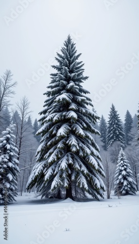 Obraz na płótnie wide winter landscape with snow covered forest floor and snow laden fir trees under a snowy sky, copy space available. w salonie