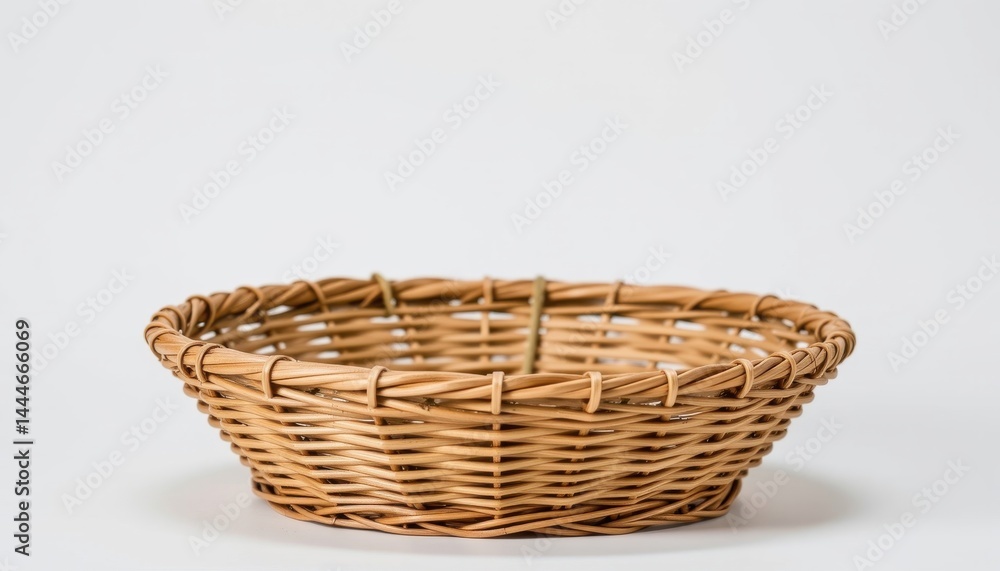 A handwoven natural rattan basket, empty and placed upright in the center of a white background (RGB 255, 255, 255) A handwoven natural rattan basket, empty and placed upright in the center of a white background (RGB 255, 255, 255)