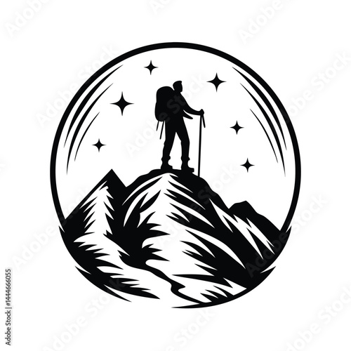 Silhouette Hiker with Backpack and Trekking Pole Standing on a Mountain Top in Circle