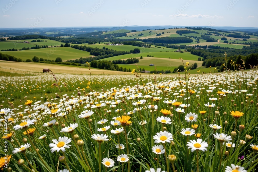 panoramic pastoral landscape of a field of daisies in rolling countryside hills, sunny spring or summer view.