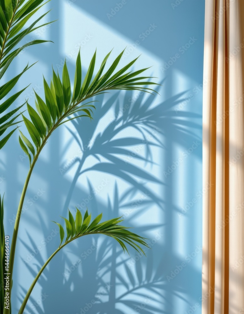 soft blue abstract product background with shadows of palm leaves and window curtains on a plaster wall.