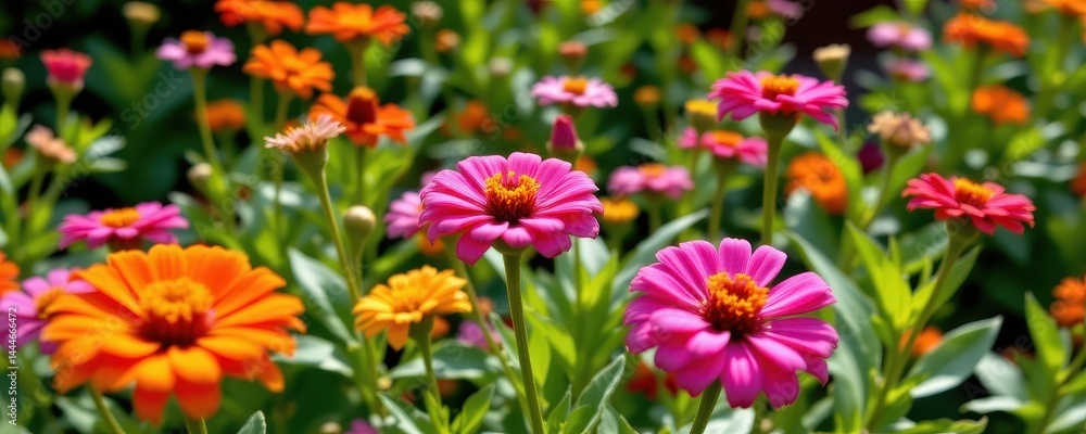 bright zinnia flowers in full bloom in sunlit garden, vivid and cheerful outdoor nature banner.