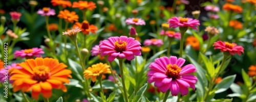 Obraz na płótnie bright zinnia flowers in full bloom in sunlit garden, vivid and cheerful outdoor nature banner. w salonie
