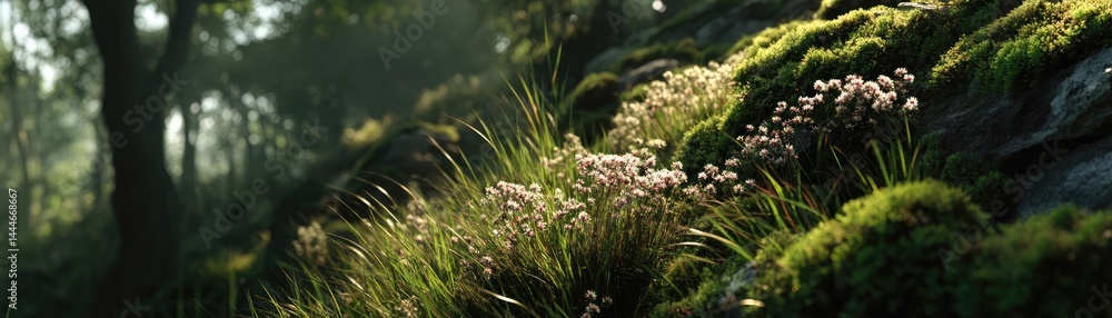 Obraz premium Green moss between grass and forest with relax mood concept. Lush green moss and delicate flowers thrive in a tranquil forest.