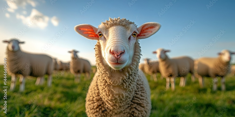 Happy Sheep Grazing on a Farm Field Happy Sheep Grazing on a Farm Field