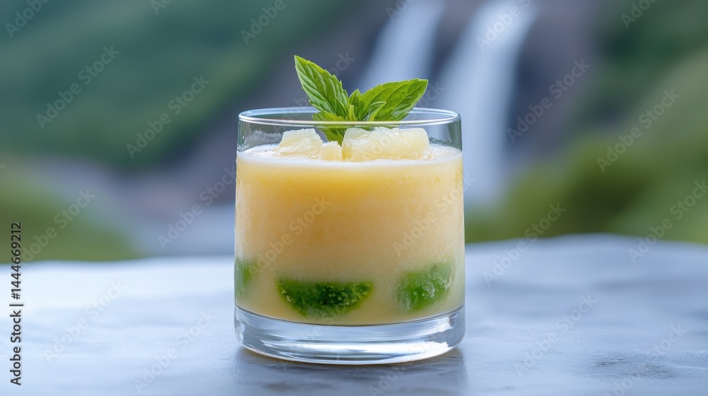 A refreshing yellow drink with ice, mint leaves, and pineapple, served in a glass with a natural, scenic background. A refreshing yellow drink with ice, mint leaves, and pineapple, served in a glass with a natural, scenic background.