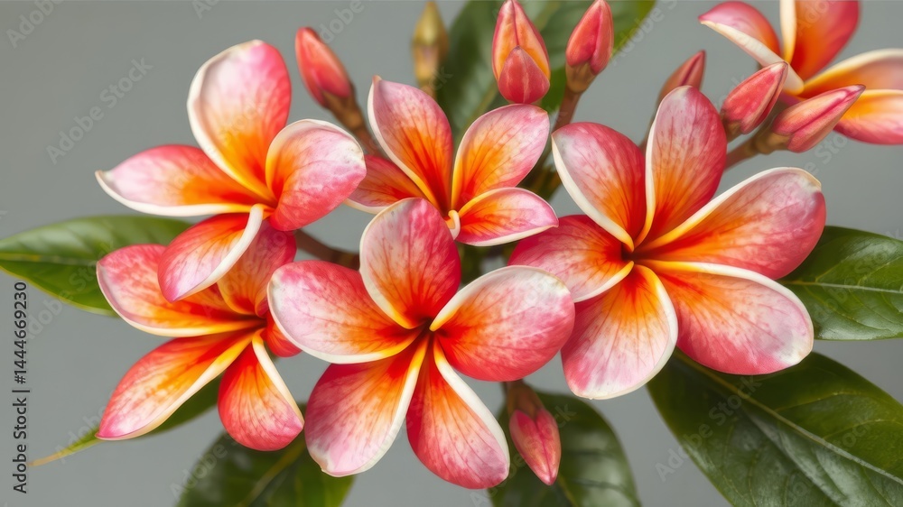 Fototapeta premium A vibrant cluster of orange and white Plumeria flowers blossoms beautifully against a neutral gray backdrop showcasing their delicate petals and lush