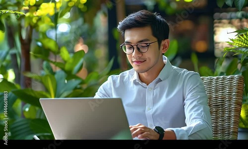 Man works on laptop outdoors daytime