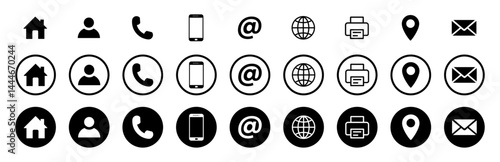 Set of contact and communication icons in three circle styles. Contact and communication vector icons. Contact information icons for business cards. Vector illustration.