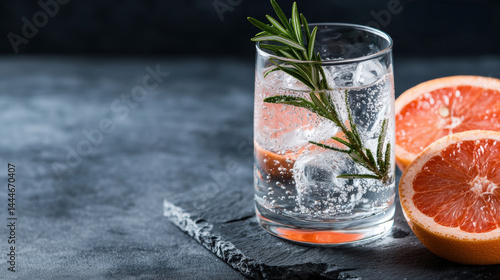 A refreshing gin and tonic with rosemary and grapefruit on a slate board.