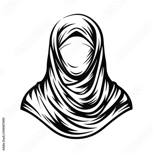 Elegant Silhouette Islamic Woman's Headdress in Black and White, Religious Clothing