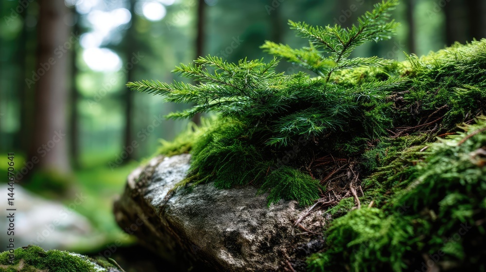 Green moss under forest light with peaceful mood concept. Lush green moss on a stone in a serene forest setting. Green moss under forest light with peaceful mood concept. Lush green moss on a stone in a serene forest setting.
