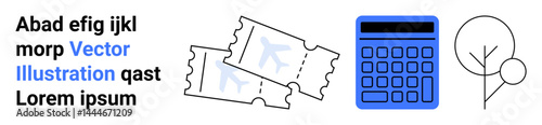 Blue calculator, two ticket stubs, abstract tree outline. Ideal for finance, entertainment, nature, events, booking education and minimal design. Perfect for simple landing page