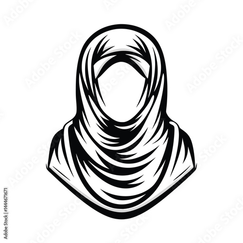Simple Black and White Hijab Silhouette, Muslim Woman's Traditional Headdress Icon