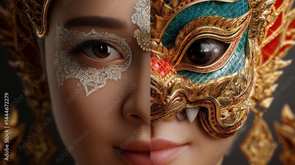 Captivating 3D Split Screen of Khon Thai Dancers in Unique Composition