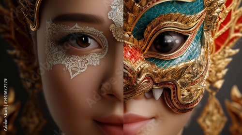 Obraz na płótnie Captivating 3D Split Screen of Khon Thai Dancers in Unique Composition w salonie