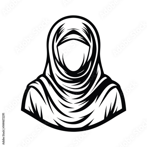 Islamic Woman Avatar in Niqab, Traditional Arab Clothing, Religious Apparel Black and White