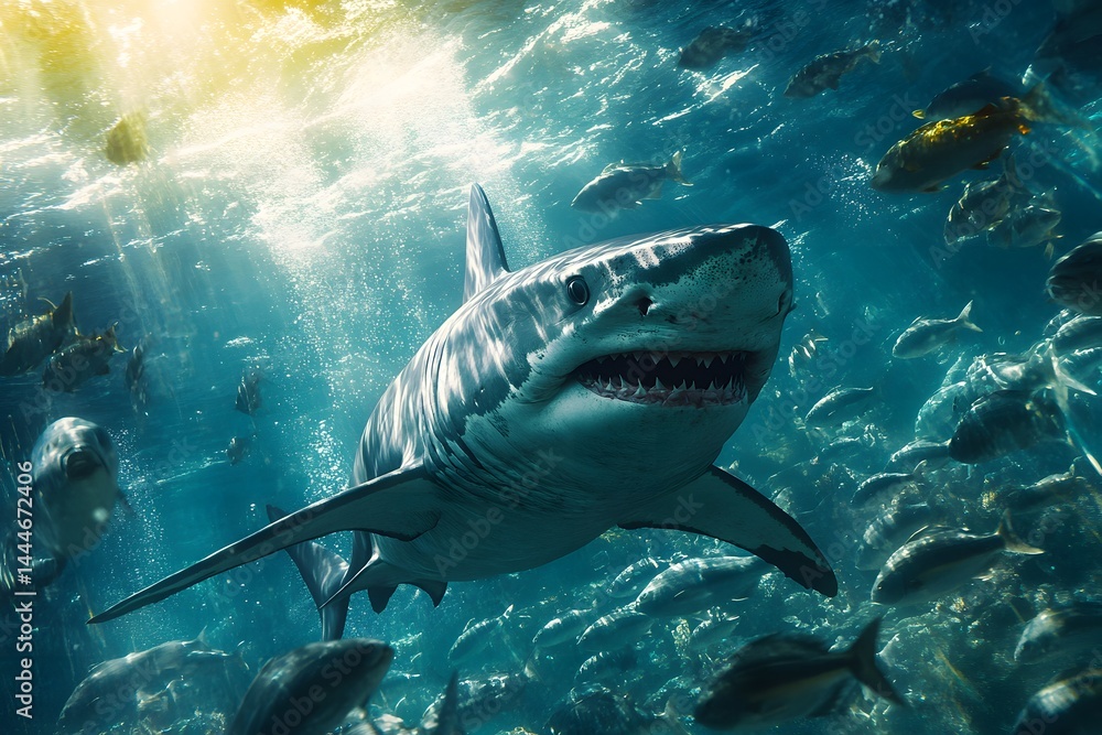 Fototapeta premium A great white shark swimming underwater surrounded by many smaller fish in clear blue water