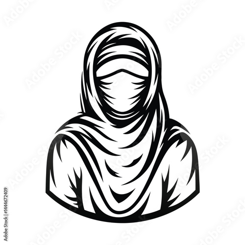 Bold Silhouette of an Arab Woman in Traditional Niqab Dress, Black and White