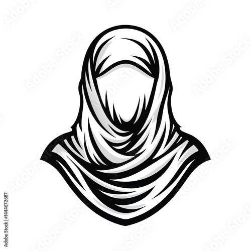 Islamic Woman Headscarf Illustration, Middle Eastern Female Hijab, Black and White Design