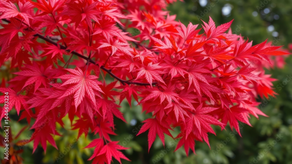 Vibrant red Japanese maple leaves display intricate detail against a softly blurred green background showcasing autumnal foliage beauty. Vibrant red Japanese maple leaves display intricate detail against a softly blurred green background showcasing autumnal foliage beauty.