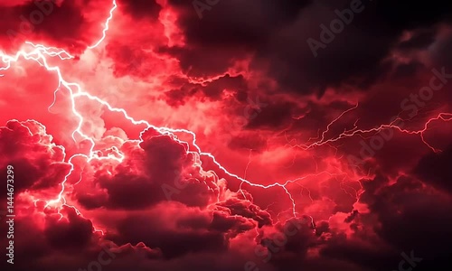 Dramatic red lightning storm clouds.