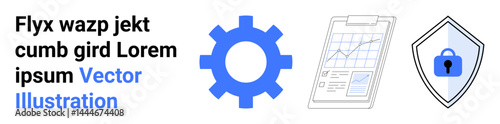 Blue gear, clipboard with graph, and shield with lock highlighting system security, data analysis, and process optimization. Ideal for technology, analytics, security, management business
