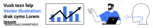 Bar graph with rising trend arrow, man presenting with laptop, human head exhaling air. Ideal for data analysis, business growth, presentations, health, education, training flat landing page banner